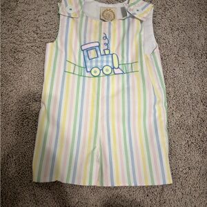 Beaufort bonnet co Striped Pastel Baby Romper with Train Embroidery